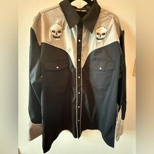 Dragonfly Black and Gray Western Skull Embroidered Men's Shirt Size XL